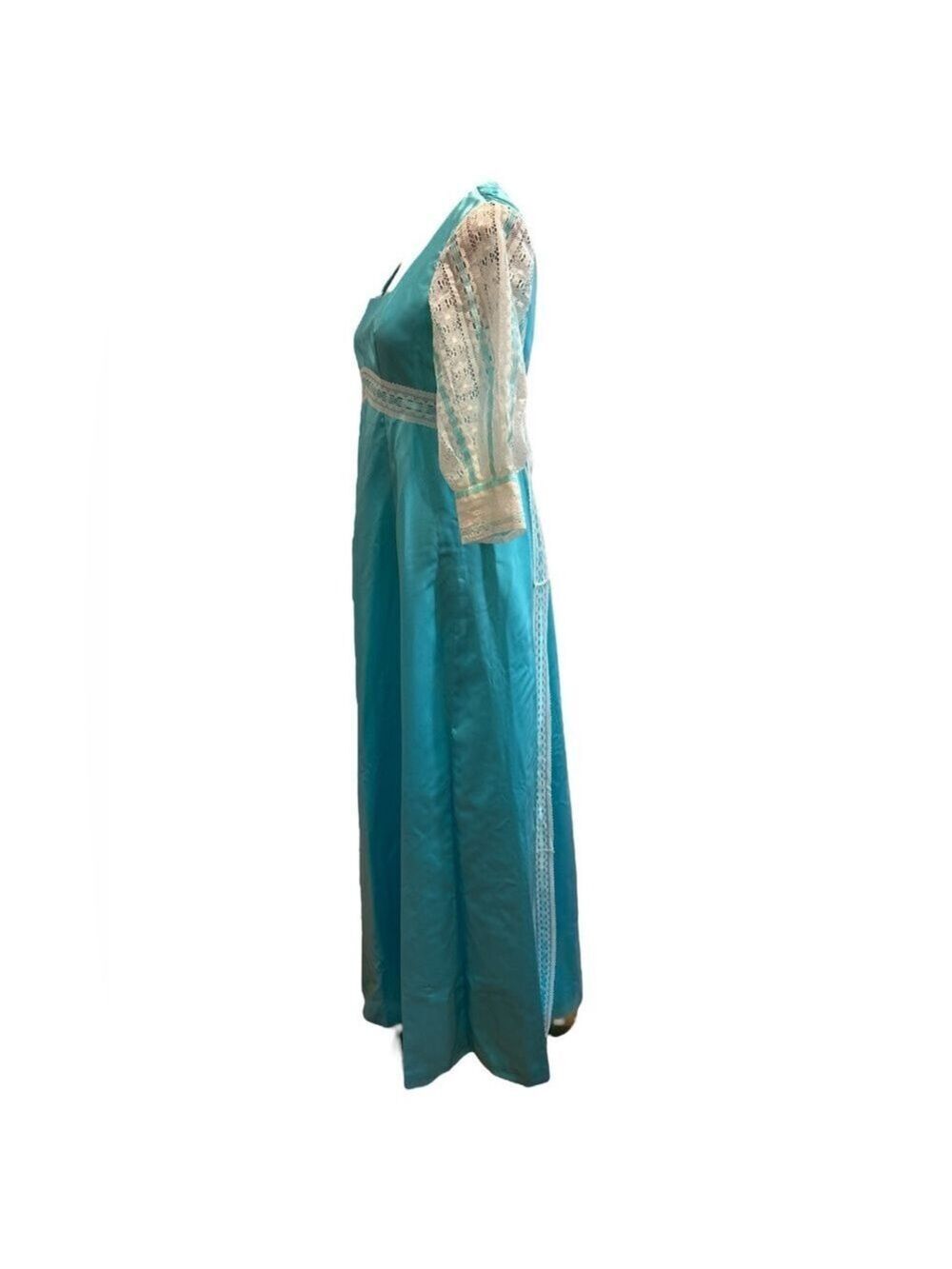 70s HANDMADE SATIN TURQUOISE BLUE SQUARE NECK MAXI DRESS LACE 3/4 SLEEVES & SASH - Picture 4 of 8